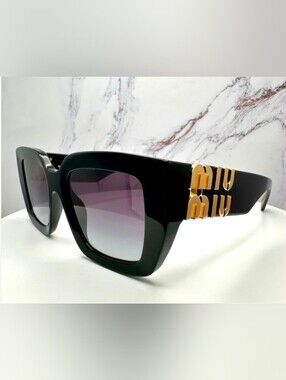 Miu Miu Black Sunglasses with Gold Logo Accents and Gradient Purple Lenses